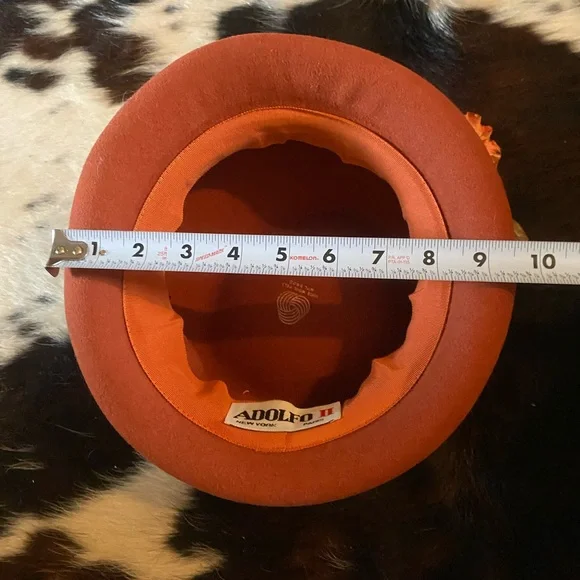 Adolfo Orange 💯 wool felt  Hat with Floral and Leaf Accents Derby style hat - Picture 11 of 12